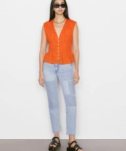 Frame-denim Women Ruched V-Neck Sleeveless Blouse -- Orange Crush