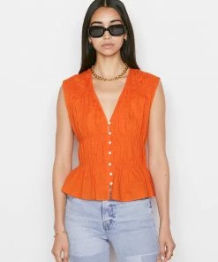 Frame-denim Women Ruched V-Neck Sleeveless Blouse -- Orange Crush