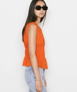 Frame-denim Women Ruched V-Neck Sleeveless Blouse -- Orange Crush