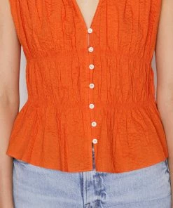 Frame-denim Women Ruched V-Neck Sleeveless Blouse -- Orange Crush