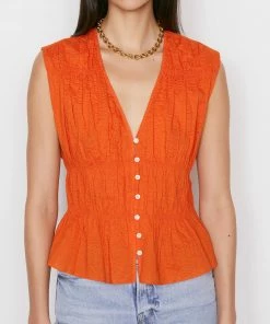 Frame-denim Women Ruched V-Neck Sleeveless Blouse -- Orange Crush