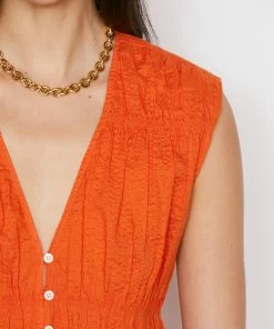 Frame-denim Women Ruched V-Neck Sleeveless Blouse -- Orange Crush