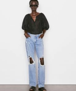 Frame-denim Eyelet Puff Sleeve Shirt -- Noir