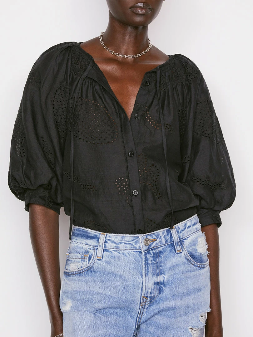 New β¨ Frame-denim Eyelet Puff Sleeve π Shirt -- Noir π€© 3 Frame-denim Eyelet Puff Sleeve Shirt -- Noir
