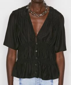 Frame-denim Women Ruched V-Neck Short Sleeve Blouse -- Noir