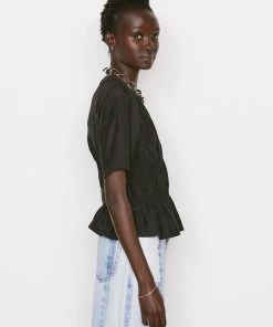 Frame-denim Women Ruched V-Neck Short Sleeve Blouse -- Noir