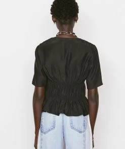 Frame-denim Women Ruched V-Neck Short Sleeve Blouse -- Noir