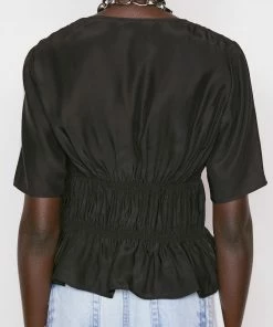 Frame-denim Women Ruched V-Neck Short Sleeve Blouse -- Noir