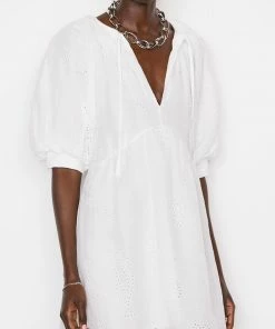 Frame-denim Eyelet Puff Sleeve Dress -- Blanc