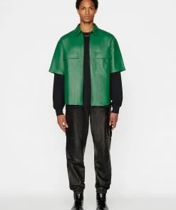 Frame-denim Men Short Sleeve Leather Shirt -- Dress Green