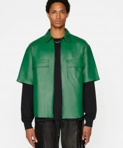 Frame-denim Men Short Sleeve Leather Shirt -- Dress Green