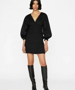 FRAME Sales Shop 21 Frame-denim Women V-Neck Smocked Dress -- Noir