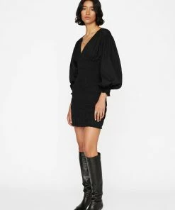 Frame-denim Women V-Neck Smocked Dress -- Noir