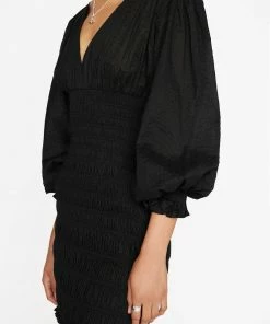 Frame-denim Women V-Neck Smocked Dress -- Noir