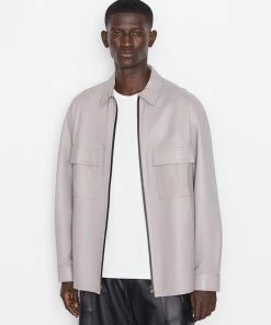 Frame-denim Modern Leather Long Sleeve Zip Shirt -- Canvas Beige