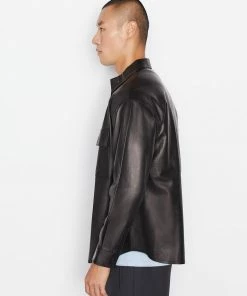 Frame-denim Men Modern Leather Long Sleeve Zip Shirt -- Noir