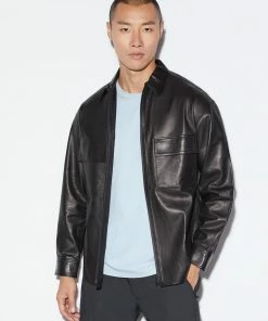 Frame-denim Men Modern Leather Long Sleeve Zip Shirt -- Noir