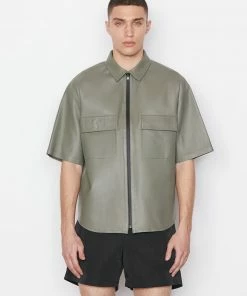 Frame-denim Modern Leather Short Sleeve Zip Shirt -- Grey Green Men