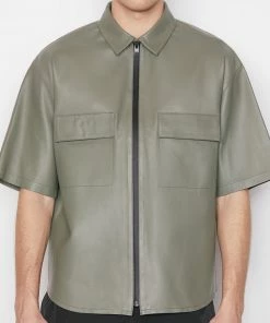 Frame-denim Modern Leather Short Sleeve Zip Shirt -- Grey Green Men