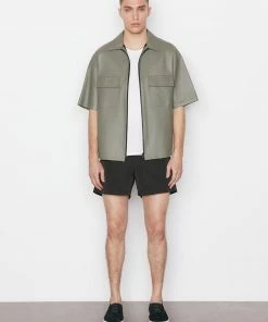 Frame-denim Modern Leather Short Sleeve Zip Shirt -- Grey Green Men