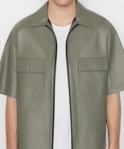 Frame-denim Modern Leather Short Sleeve Zip Shirt -- Grey Green Men