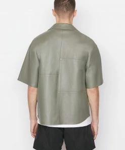 Frame-denim Modern Leather Short Sleeve Zip Shirt -- Grey Green Men