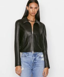 Frame-denim Exposed Zip Leather Jacket -- Noir Women