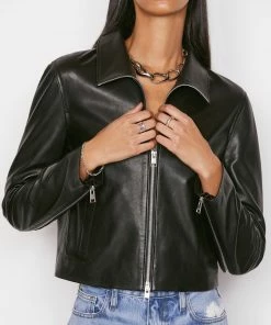 Frame-denim Exposed Zip Leather Jacket -- Noir Women