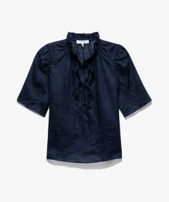 Frame-denim Tie-Neck Ruffle Popover -- Navy