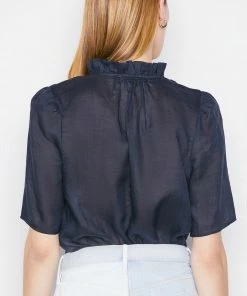 Frame-denim Tie-Neck Ruffle Popover -- Navy