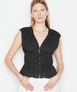Frame-denim Ruched V-Neck Sleeveless Blouse -- Noir