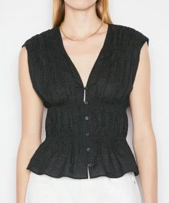 Frame-denim Ruched V-Neck Sleeveless Blouse -- Noir