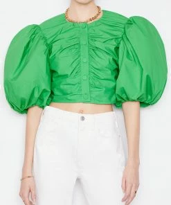 Frame-denim Gathered Puff Sleeve Top -- Grass Green Women