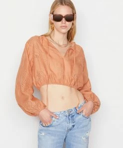 Frame-denim Women Shirred Crop Eyelet Blouse -- Terracotta