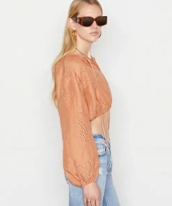 Frame-denim Women Shirred Crop Eyelet Blouse -- Terracotta