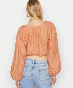 Frame-denim Women Shirred Crop Eyelet Blouse -- Terracotta