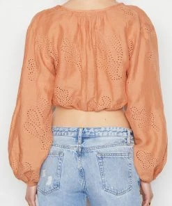Frame-denim Women Shirred Crop Eyelet Blouse -- Terracotta