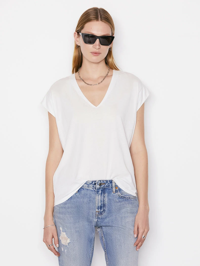 Budget π Frame-denim Le Mid Rise V Neck Tee -- Blanc π 1 Frame-denim Le Mid Rise V Neck Tee -- Blanc