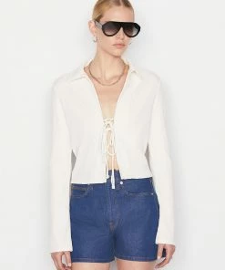 Frame-denim Women Bell Sleeve Rib Polo -- Bone