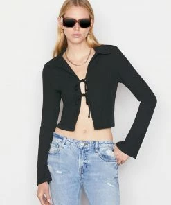 Frame-denim Bell Sleeve Rib Polo -- Noir Women
