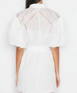 Frame-denim Women Inset Lace Puff Sleeve Dress -- Blanc